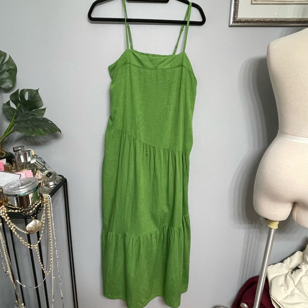 Sim & Sam Green Tiered Linen Blend Maxi Sundress with Adj Spaghetti Straps - Picture 3 of 10